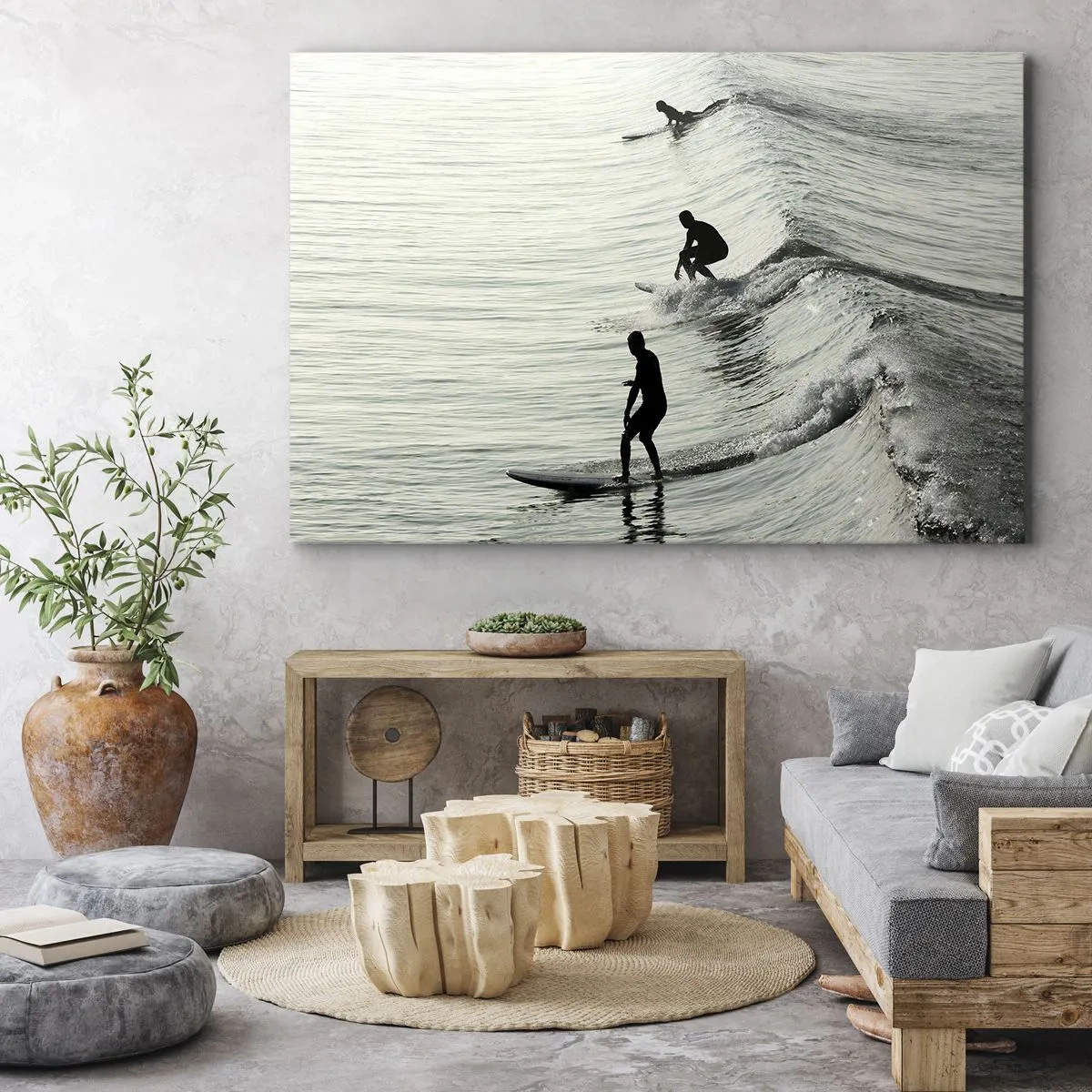 Bild auf Leinwand - Leinwandbild - Surfer auf den Wellen in einer monochromen Aufnahme - 120x80cm - Gegen die Welle - Moderne Wanddekoration für Wohnzimmer und Schlafzimmer ARTTOR