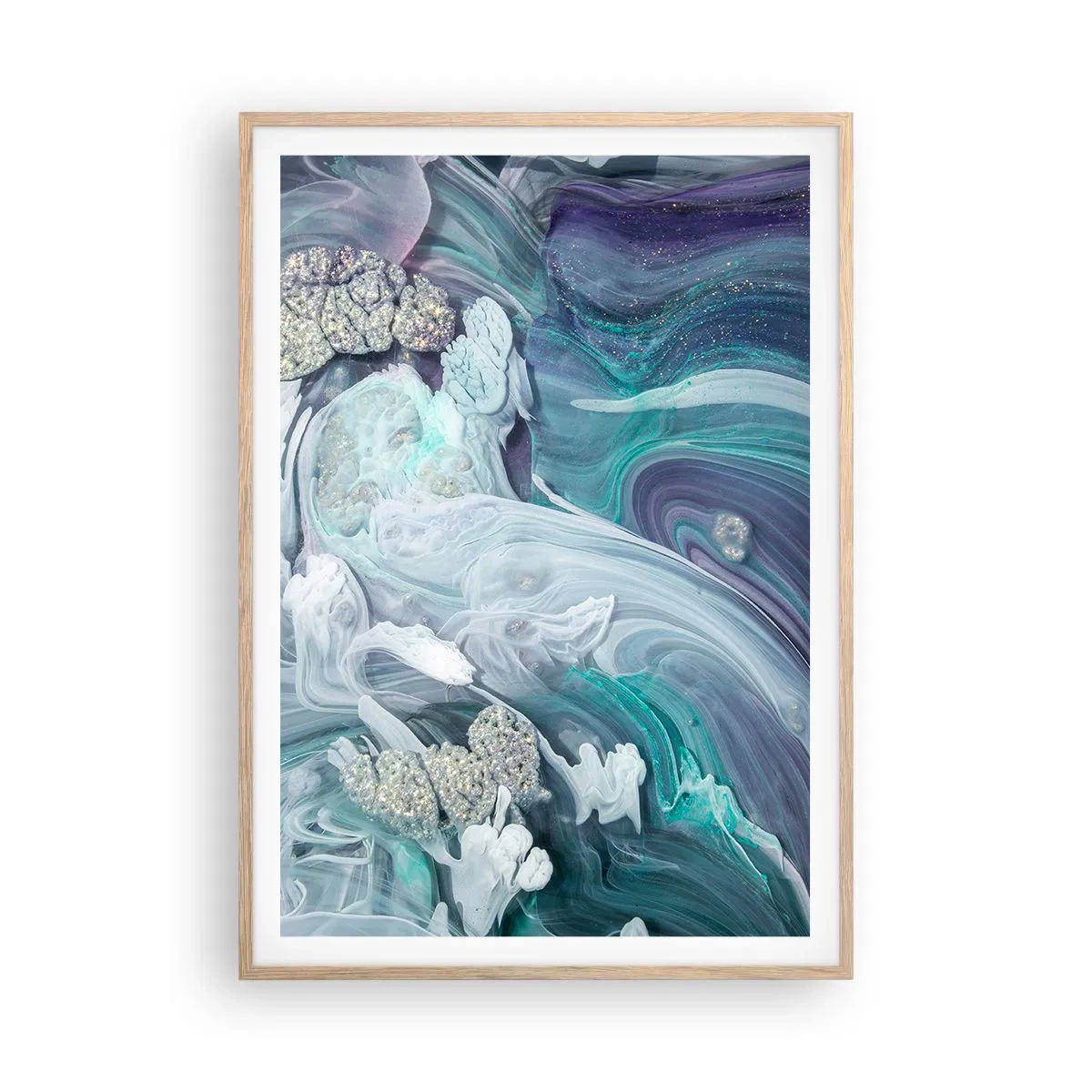 Poster in einem Rahmen aus heller Eiche - Strömungen von Himmelblau - 70x100 cm