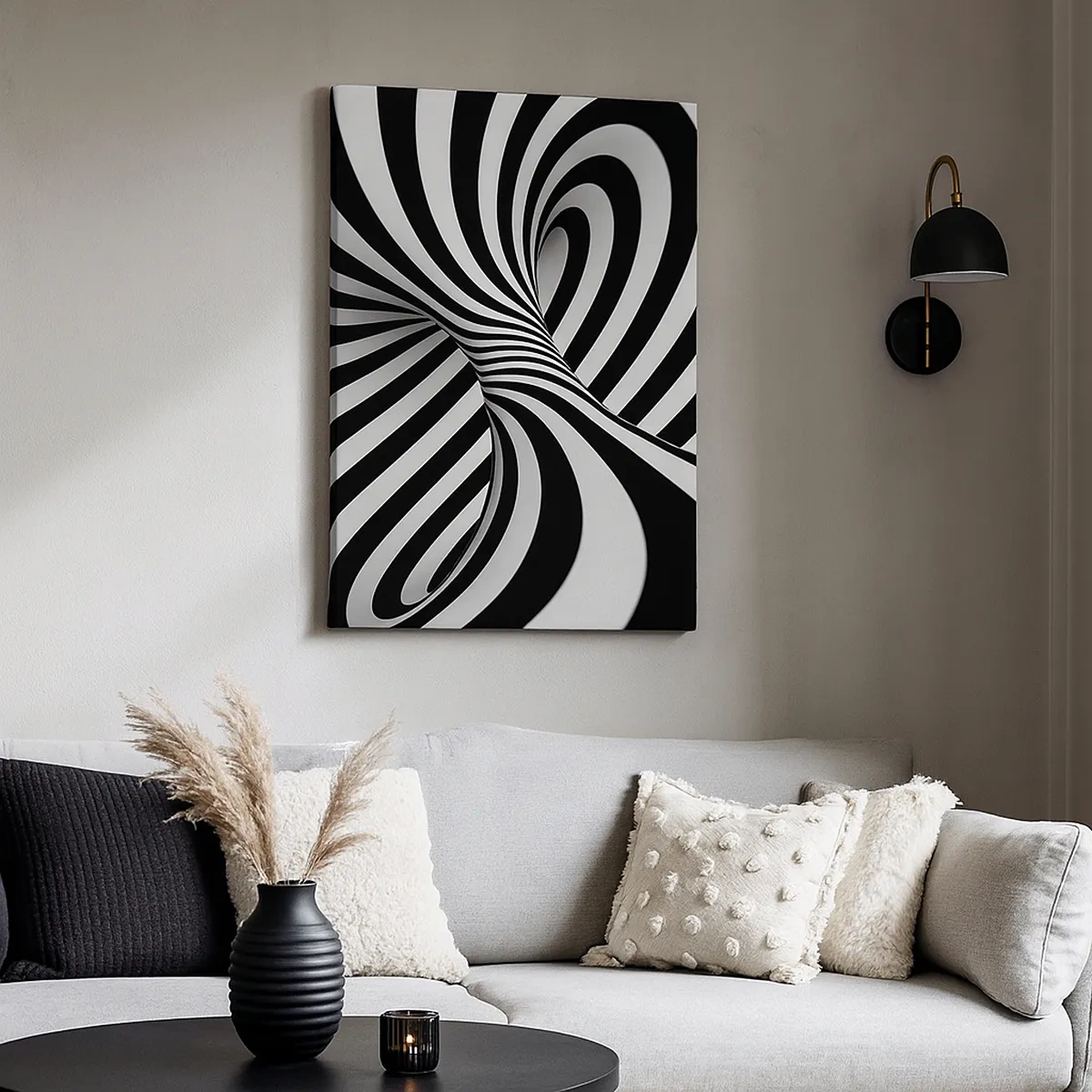 Bild auf Leinwand - Leinwandbild - Abstrakter Tunnel mit schwarz-weißen Spiralstreifen - 50x70cm - Komposition: Tanzraum - Moderne Wanddekoration für Wohnzimmer und Schlafzimmer ARTTOR
