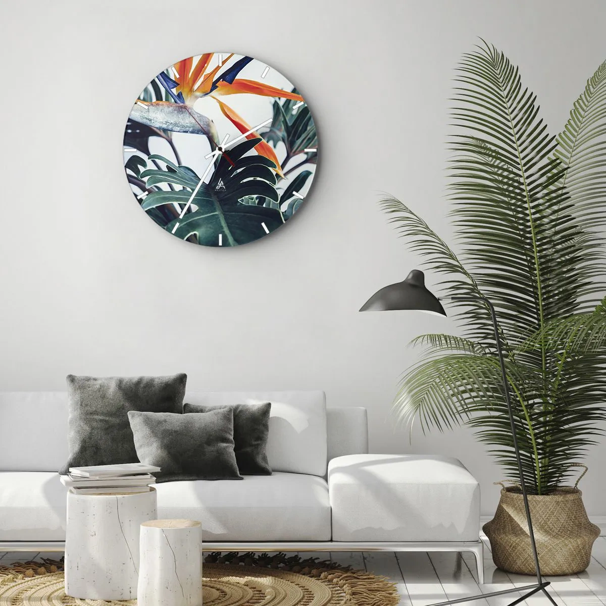 Wanduhr - Glasuhr - Tropische Blätter und eine Strelitzia-Blüte auf hellem Hintergrund - 30x30cm - Vogelbusch - Moderne Wanddekoration für Wohnzimmer, Küche und Schlafzimmer ARTTOR