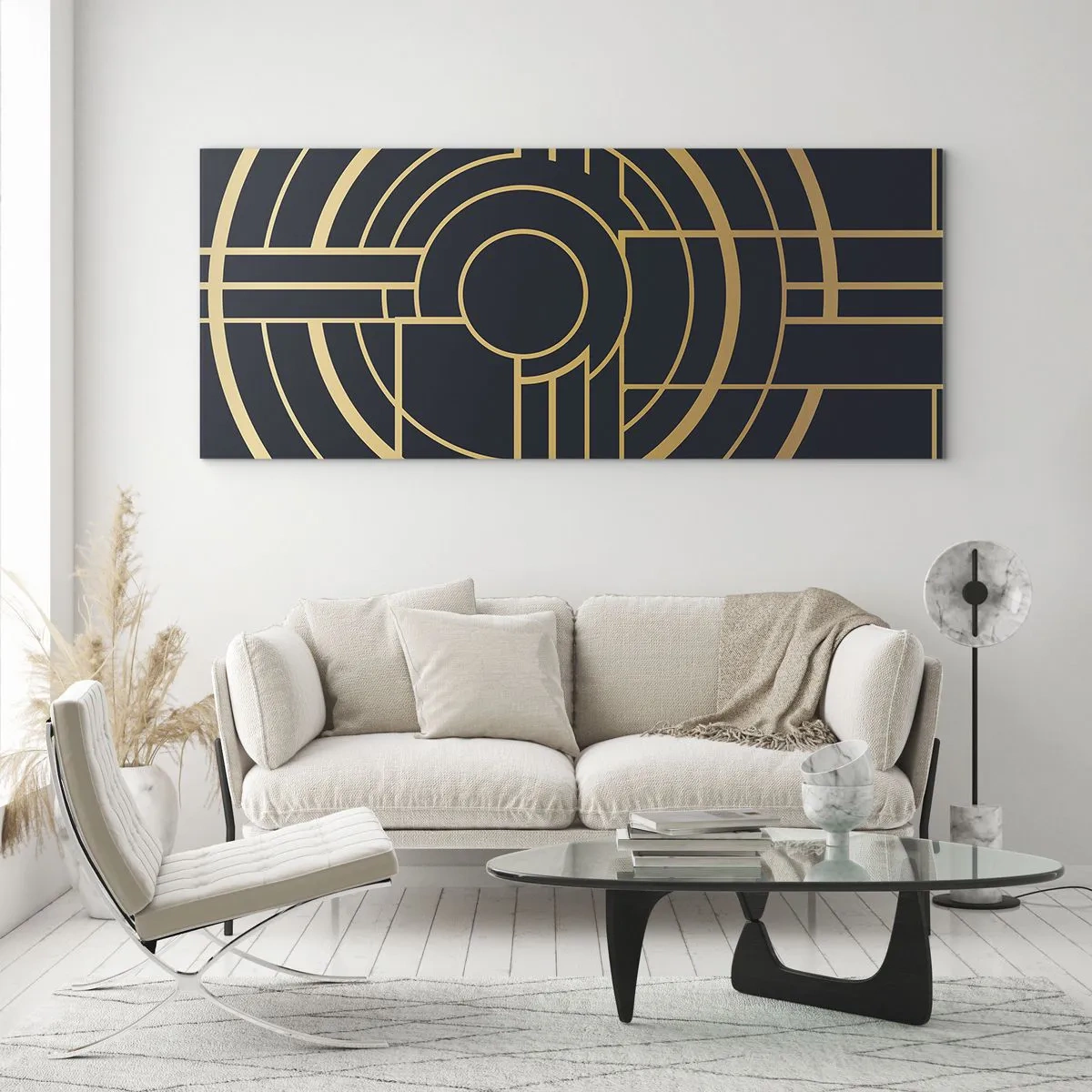 Glasbild - Bild auf glas - Geometrisches Muster mit goldenen Linien - 160x50cm - Wendungen der Dinge - Moderne Wanddekoration für Wohnzimmer und Schlafzimmer ARTTOR