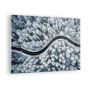 Glasbild - Bild auf glas - Eine kurvenreiche Straße durch einen Winterwald, von einer Drohne aus gesehen - 70x50cm - Durch den Winterwald - Moderne Wanddekoration für Wohnzimmer und Schlafzimmer ARTTOR