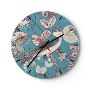 Wanduhr - Glasuhr - Ein Zifferblatt mit Vogelmotiv, umgeben von Blättern und Blumen in zarten Farben. - 30x30cm - Im Weißholz von Rot und Silber - Moderne Wanddekoration für Wohnzimmer, Küche und Schlafzimmer ARTTOR