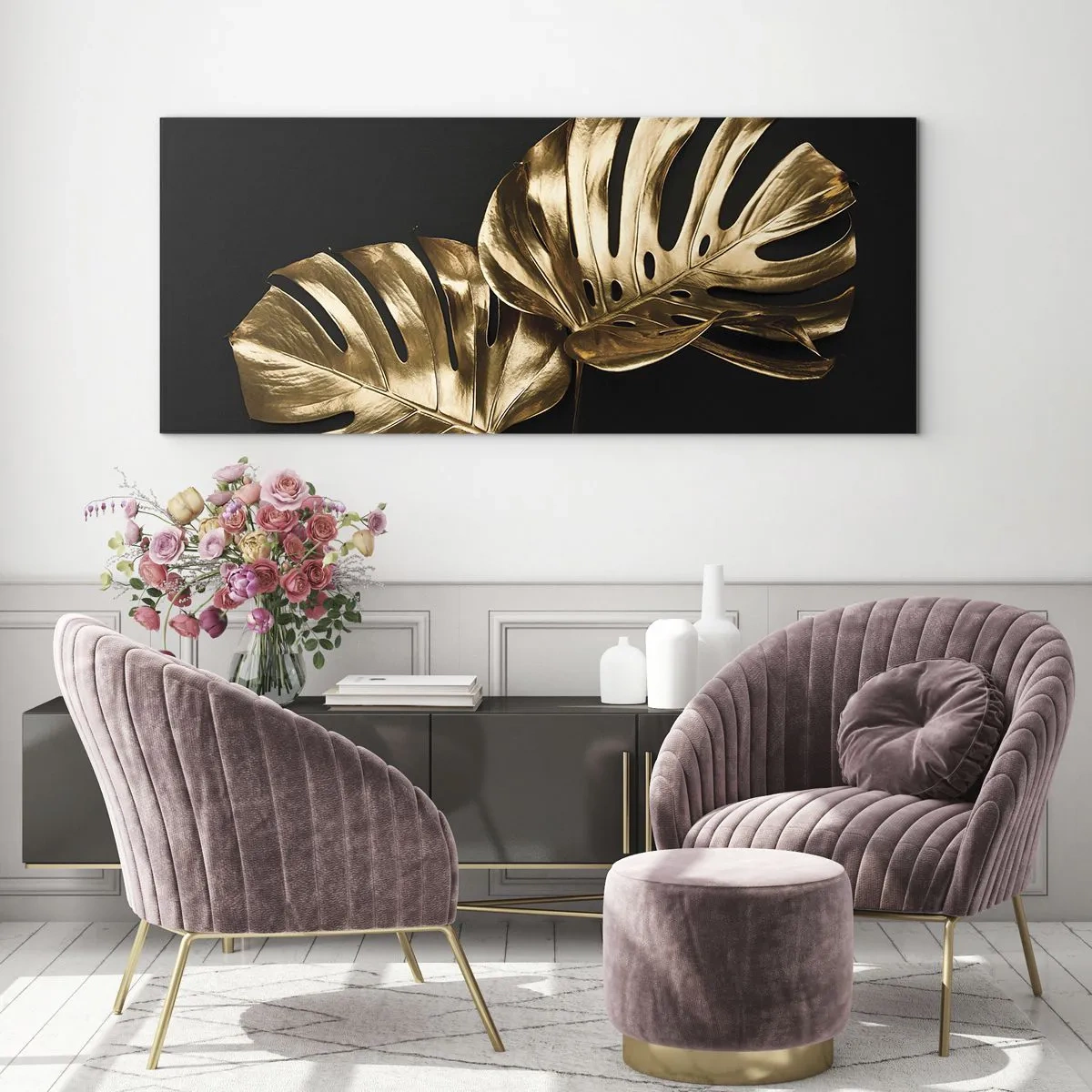 Glasbild - Bild auf glas - Goldene Monstera-Blätter auf schwarzem Hintergrund - 120x50cm - Die Schätze der Natur - Moderne Wanddekoration für Wohnzimmer und Schlafzimmer ARTTOR