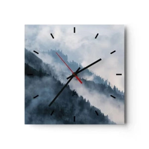 Wanduhr - Glasuhr - Nebel schwebt über den bewaldeten Berghängen in einer geheimnisvollen Landschaft - 30x30cm - Mystik der Berge - Moderne Wanddekoration für Wohnzimmer und Schlafzimmer ARTTOR