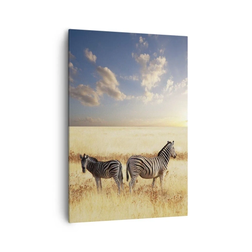 Bild auf Leinwand - Leinwandbild - Zwei Zebras in der Savanne in den Strahlen der untergehenden Sonne - 70x100cm - Geh weg, sei nicht in Frieden - Moderne Wanddekoration für Wohnzimmer und Schlafzimmer ARTTOR