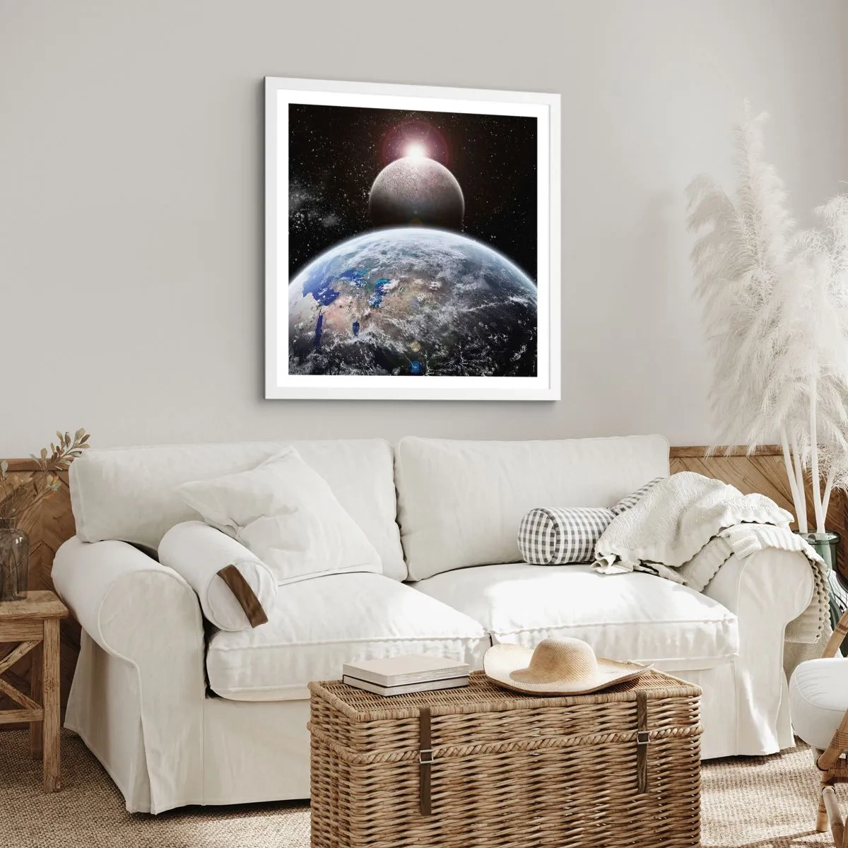 Poster in einem weißen Rahmen - Weltraumlandschaft - Sonnenaufgang - 50x50 cm
