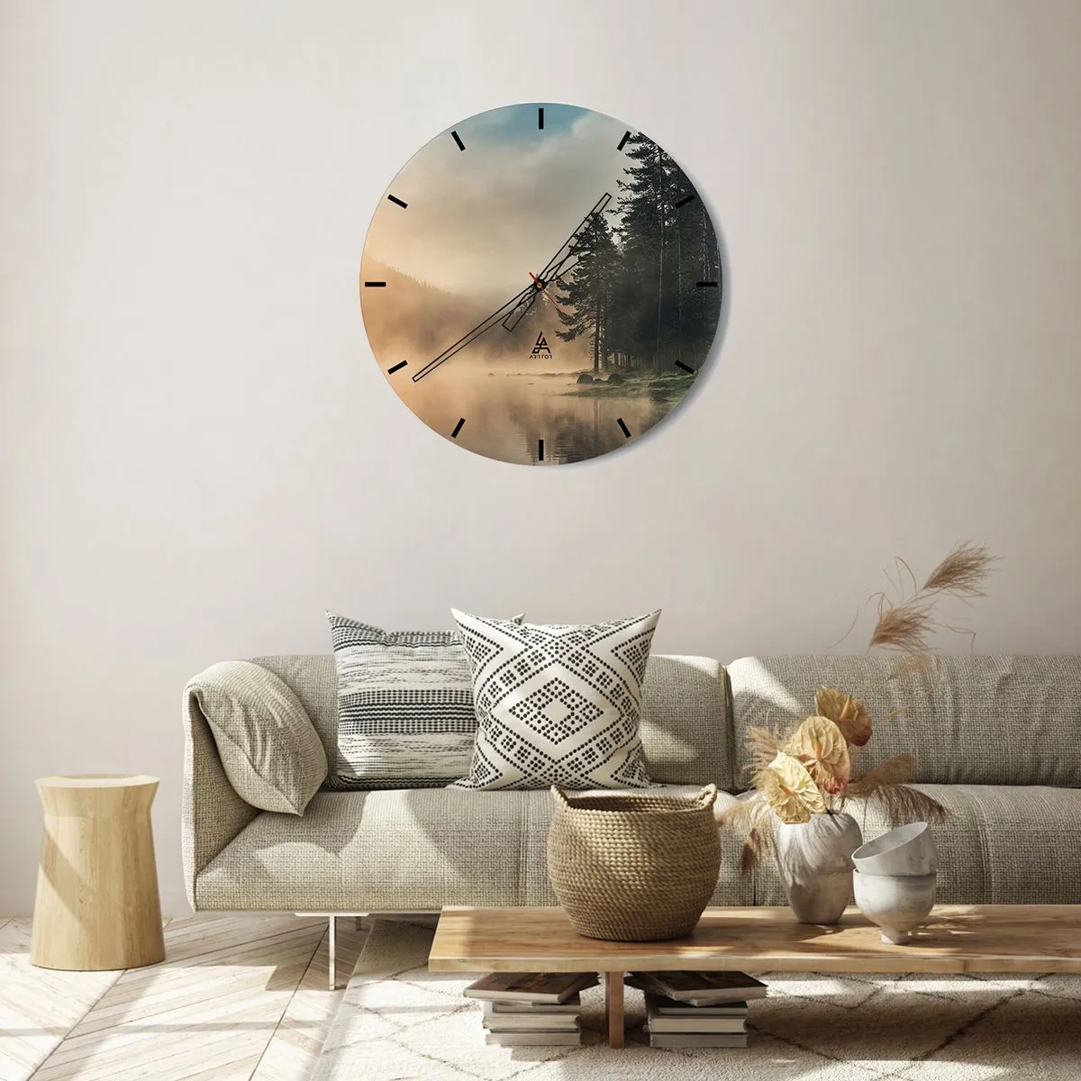 Wanduhr - Glasuhr - Eine neblige Waldlandschaft über einem ruhigen See - 30x30cm - Die Geburt des Tages - Moderne Wanddekoration für Wohnzimmer, Küche und Schlafzimmer ARTTOR