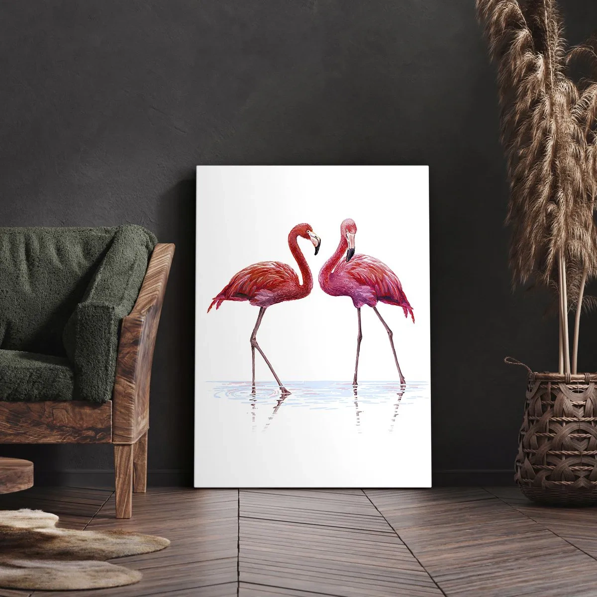 Bild auf Leinwand - Leinwandbild - Ein Flamingopaar im Wasser vor hellem Hintergrund - 50x70cm - Rosa randez-vous - Moderne Wanddekoration für Wohnzimmer und Schlafzimmer ARTTOR