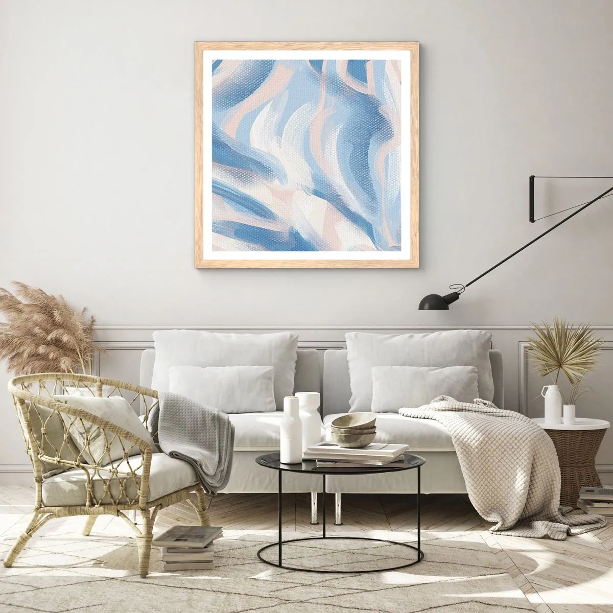 Poster in einem Rahmen aus heller Eiche - Blaue Wellen - 60x60 cm