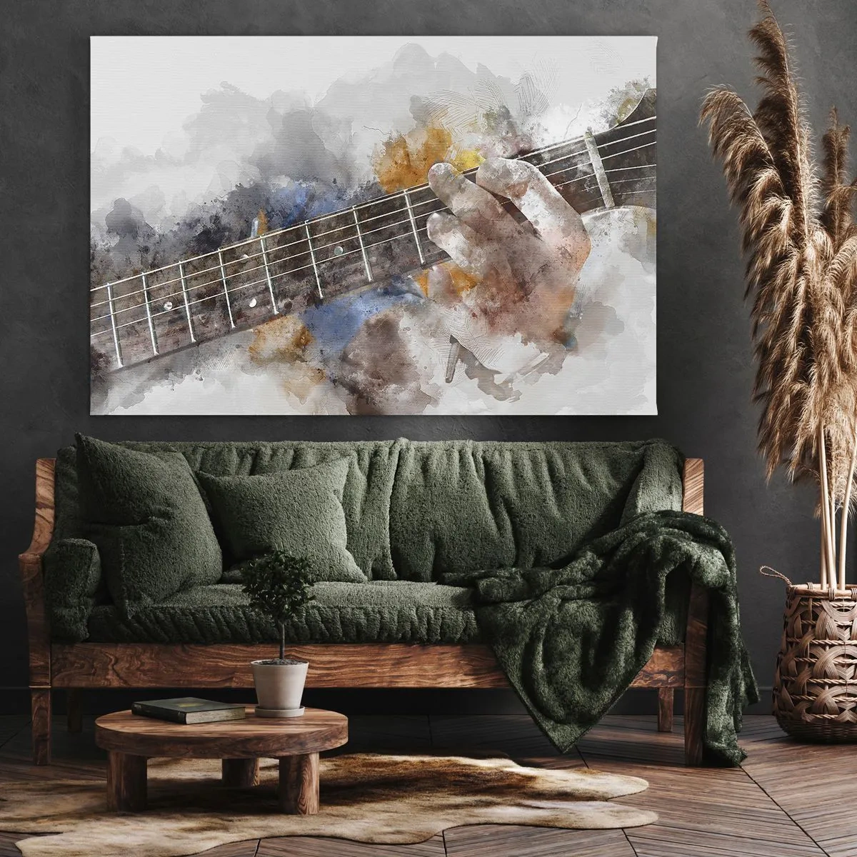 Bild auf Leinwand - Leinwandbild - Abstraktes Bild einer Hand, die Gitarre spielt - 70x50cm - Poesie zwischen den Saiten - Moderne Wanddekoration für Wohnzimmer und Schlafzimmer ARTTOR