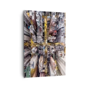 Bild auf Leinwand - Leinwandbild - Eine Stadt voller Wolkenkratzer aus der Vogelperspektive - 70x100cm - Grüße aus Hongkong - Moderne Wanddekoration für Wohnzimmer und Schlafzimmer ARTTOR