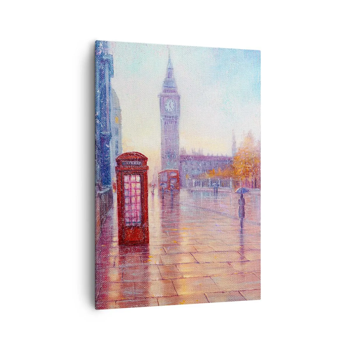 Bild auf Leinwand - Leinwandbild - Londoner Straße mit Big Ben an einem regnerischen Tag - 70x100cm - Londoner Herbsttag - Moderne Wanddekoration für Wohnzimmer und Schlafzimmer ARTTOR