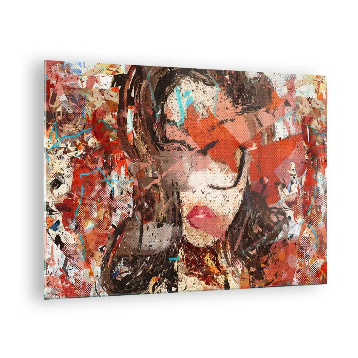 Glasbild - Bild auf glas - Abstraktes Frauenporträt in Rot- und Beigetönen - 70x50cm - Niemand weiß, was du wirklich bist - Moderne Wanddekoration für Wohnzimmer und Schlafzimmer ARTTOR