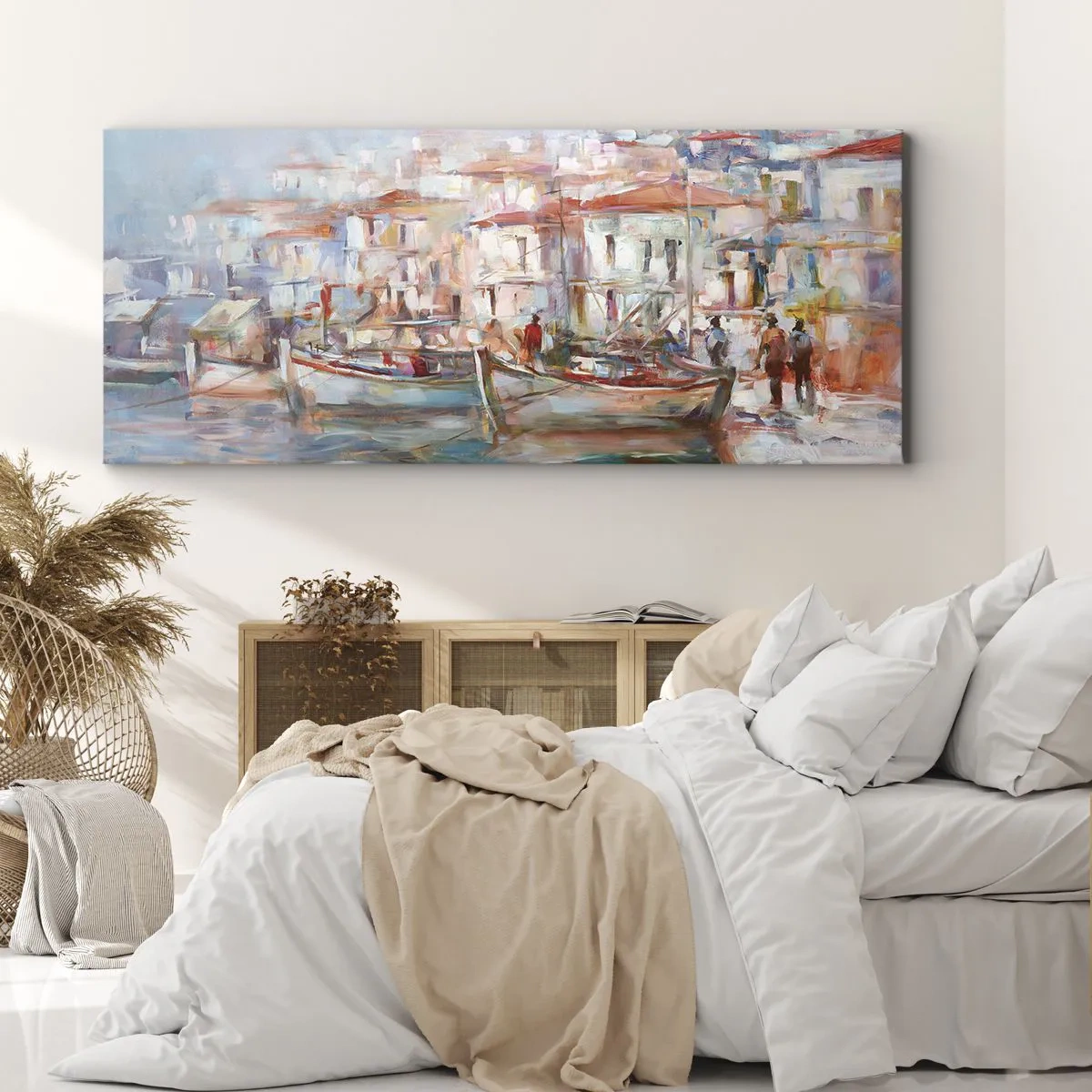 Bild auf Leinwand - Leinwandbild - Hafenimpression mit Booten und Gebäuden - 120x50cm - Pastell-Sommerferien - Moderne Wanddekoration für Wohnzimmer und Schlafzimmer ARTTOR
