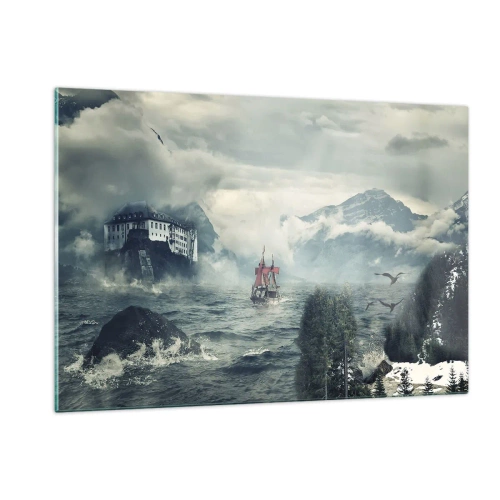 Glasbild - Bild auf glas - Ein Schiff auf stürmischer See mit einer Burg im Hintergrund - 120x80cm - In magischen Gewässern - Moderne Wanddekoration für Wohnzimmer und Schlafzimmer ARTTOR