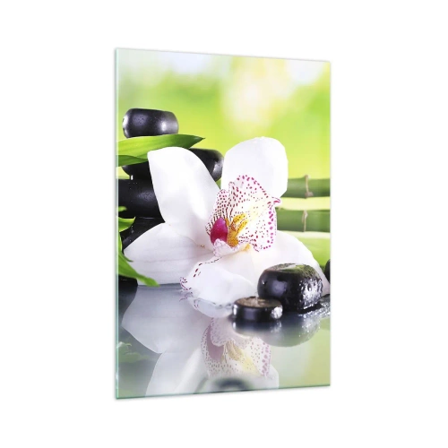 Glasbild - Bild auf glas - Orchidee, Steine und Bambus in einer harmonischen Spa-Komposition - 70x100cm - Kühle Frische - Moderne Wanddekoration für Wohnzimmer und Schlafzimmer ARTTOR