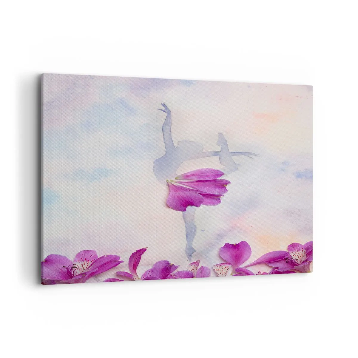 Bild auf Leinwand - Leinwandbild - Eine Tänzerin in einem Blütenblattkleid vor einem pastellfarbenen Hintergrund. - 120x80cm - Zart wie eine Blume - Moderne Wanddekoration für Wohnzimmer und Schlafzimmer ARTTOR