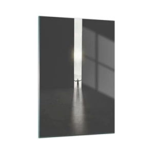 Glasbild - Bild auf glas - Silhouette eines Mannes, der eine Tür zu einem hellen Licht öffnet - 50x70cm - Ein Schritt in eine strahlende Zukunft - Moderne Wanddekoration für Wohnzimmer und Schlafzimmer ARTTOR