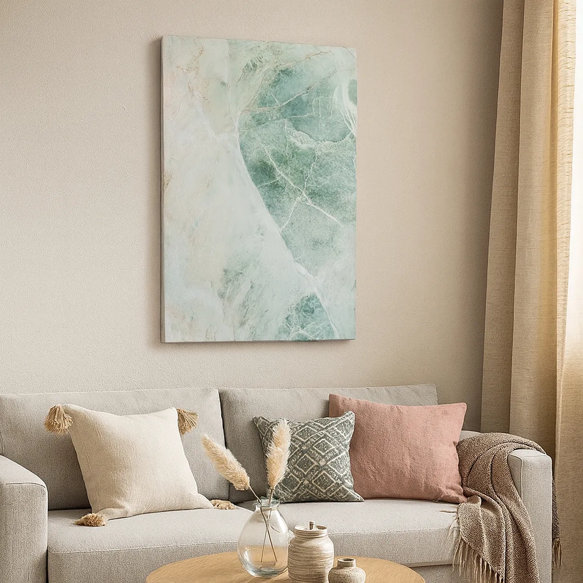 Bild auf Leinwand - Leinwandbild - Grüner Marmor mit zarten weißen Adern - 50x70cm - Edle Kälte des Steins - Moderne Wanddekoration für Wohnzimmer und Schlafzimmer ARTTOR