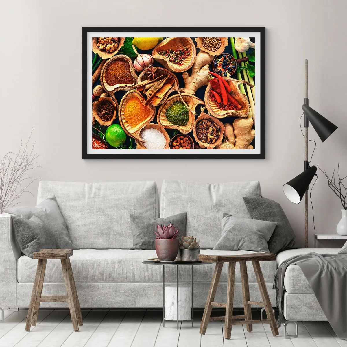 Poster in einem schwarzem Rahmen - Schalen mit Gewürzen in verschiedenen Farben - 70x50cm - Nimm was du willst - Moderne Wanddekoration für Wohnzimmer und Schlafzimmer ARTTOR