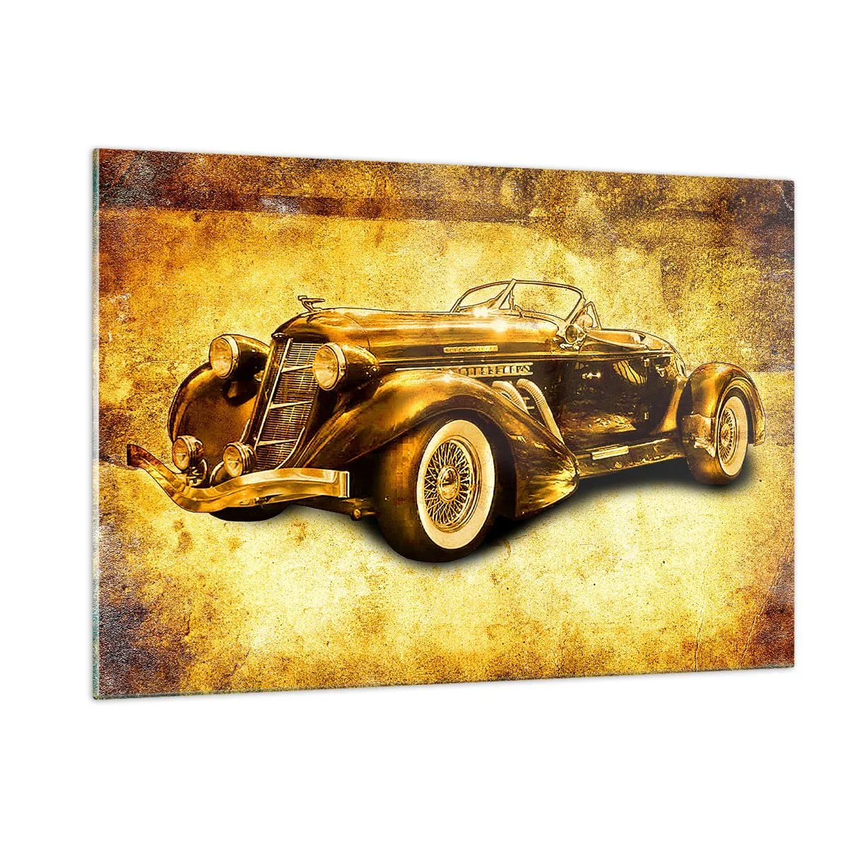 Glasbild - Bild auf glas - Oldtimer-Cabrio auf Vintage-Hintergrund - 120x80cm - Elite der Elite - Moderne Wanddekoration für Wohnzimmer und Schlafzimmer ARTTOR