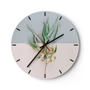 Wanduhr - Glasuhr - Ein grüner Zweig vor einem Hintergrund aus blauen und beigen Pastelltönen - 30x30cm - Pastellige Subtilität - Moderne Wanddekoration für Wohnzimmer, Küche und Schlafzimmer ARTTOR