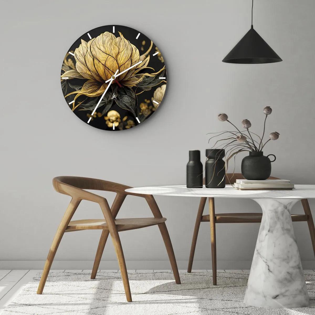 Wanduhr - Glasuhr - Gold und schwarze Blume auf dunklem Hintergrund - 30x30cm - Subtile Zerbrechlichkeit - Moderne Wanddekoration für Wohnzimmer, Küche und Schlafzimmer ARTTOR