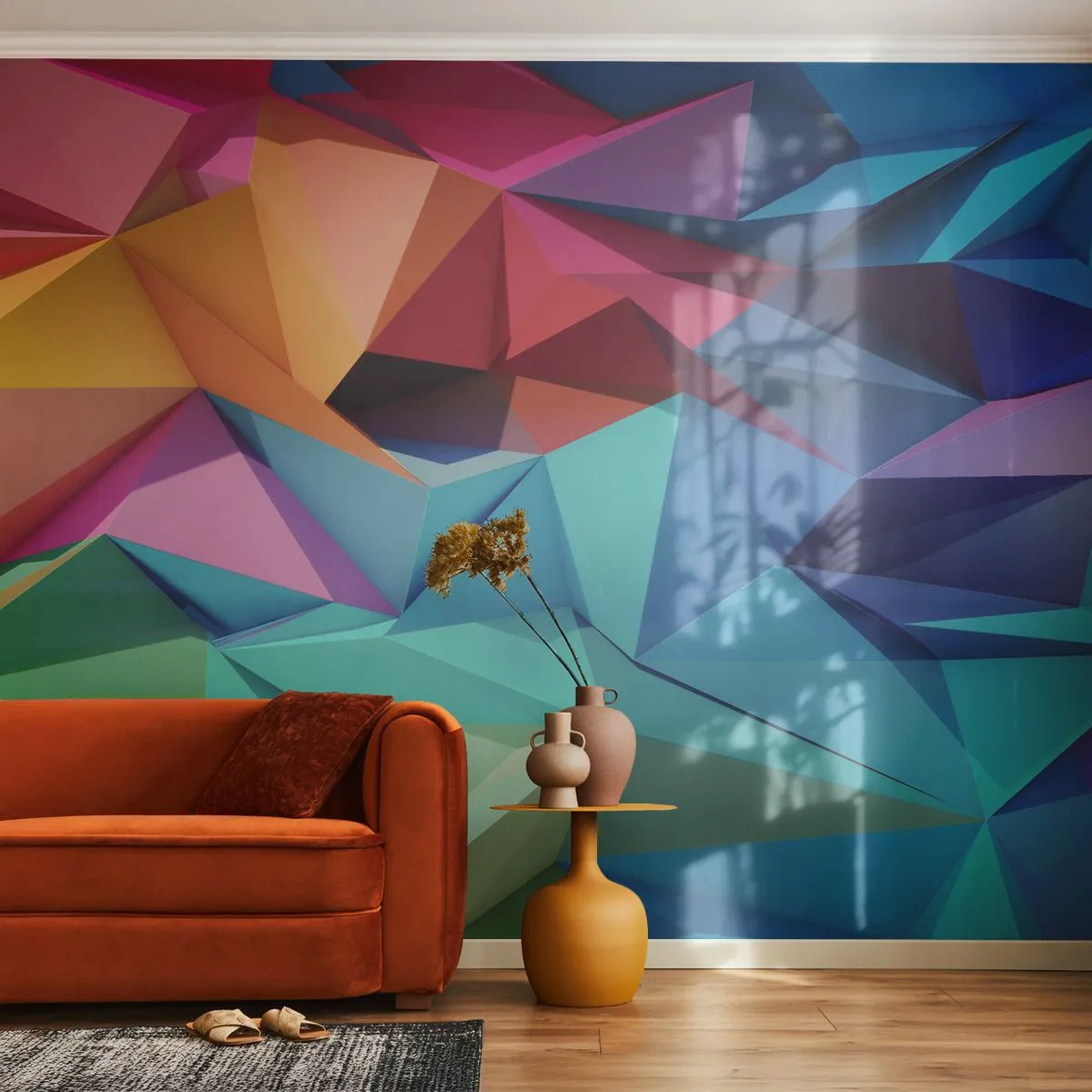 Fototapete Premium Sand - Bunte geometrische Abstraktion im 3D-Stil - 100x70cm - Regenbogen-Origami - Moderne Wanddekoration für Wohnzimmer und Schlafzimmer ARTTOR