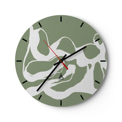 Wanduhr - Glasuhr - Organische weiße Formen auf olivgrünem Hintergrund - 30x30cm - Ruf des Weltraums - Moderne Wanddekoration für Wohnzimmer, Küche und Schlafzimmer ARTTOR