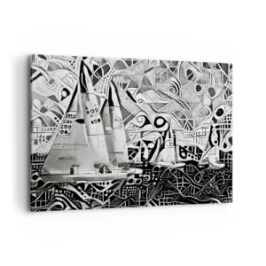 Bild auf Leinwand - Leinwandbild - Abstrakte Segelboote in einer monochromen Komposition - 120x80cm - Zwischen den Wellen - Moderne Wanddekoration für Wohnzimmer und Schlafzimmer ARTTOR