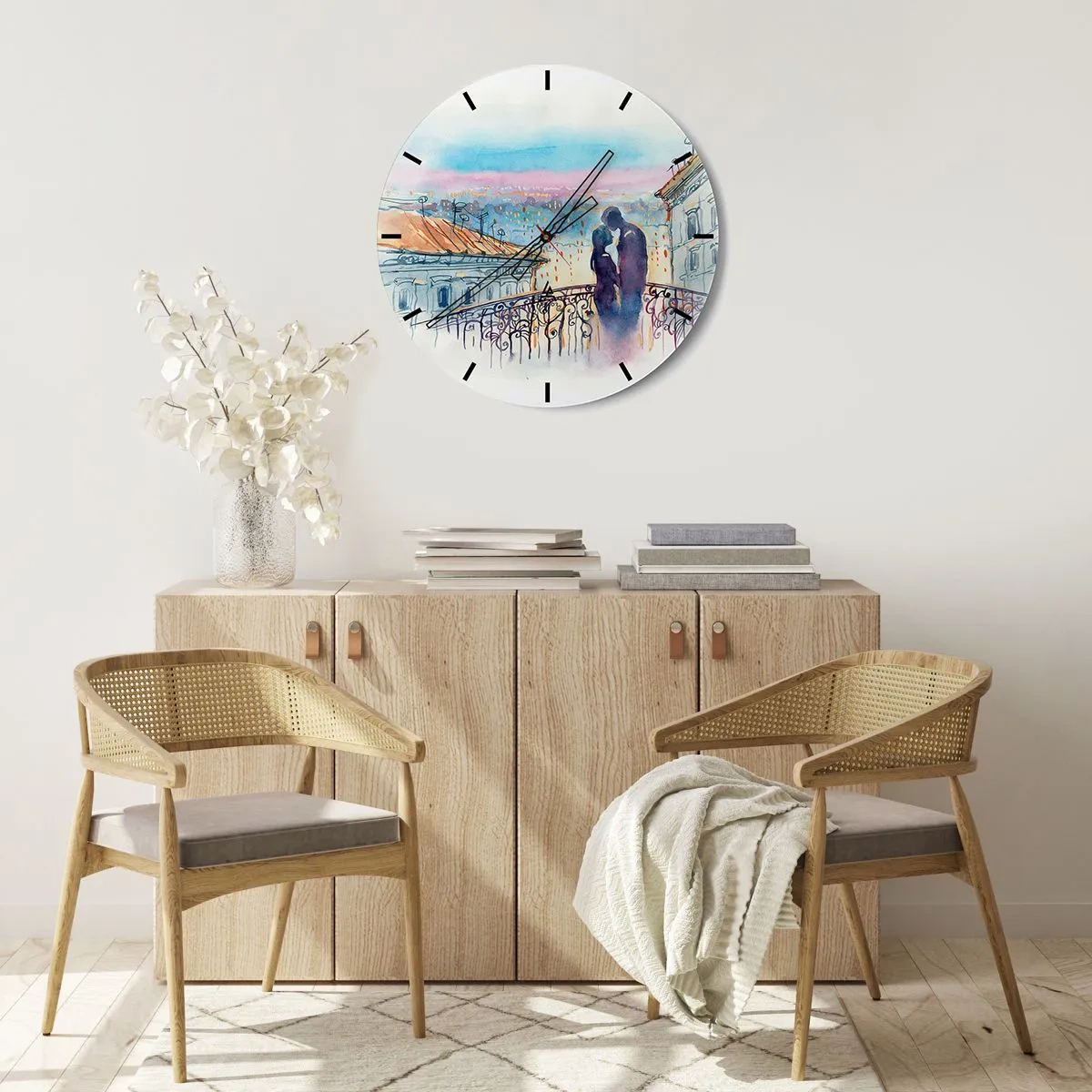 Wanduhr - Glasuhr - Romantisches Paar auf einem Balkon mit Blick auf die Stadt - 30x30cm - Paris-Liebhaber - Moderne Wanddekoration für Wohnzimmer, Küche und Schlafzimmer ARTTOR