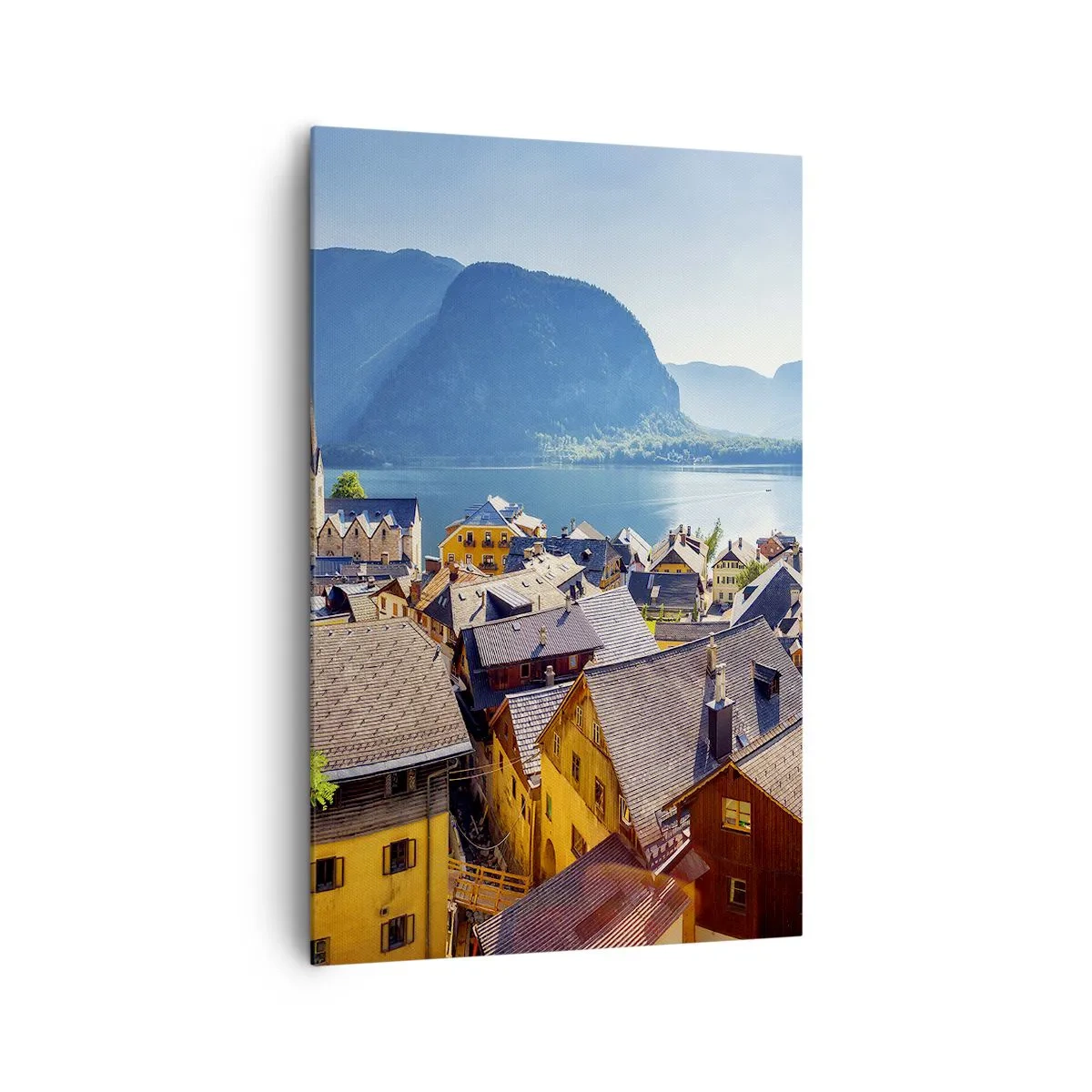 Bild auf Leinwand - Leinwandbild - Ein malerisches Dorf an einem See, umgeben von Bergen an einem sonnigen Tag - 80x120cm - Es könnte nicht malerischer sein - Moderne Wanddekoration für Wohnzimmer und Schlafzimmer ARTTOR