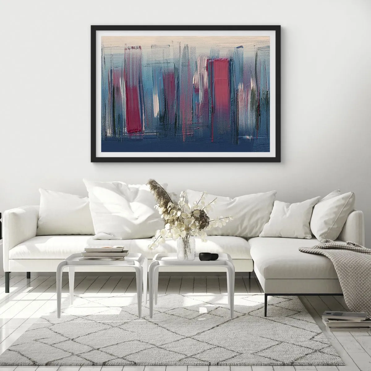 Poster in einem schwarzem Rahmen - Abstrakte vertikale Formen in Blau- und Rottönen - 70x50cm - Vertikale Komposition in Blau und Rot - Moderne Wanddekoration für Wohnzimmer und Schlafzimmer ARTTOR