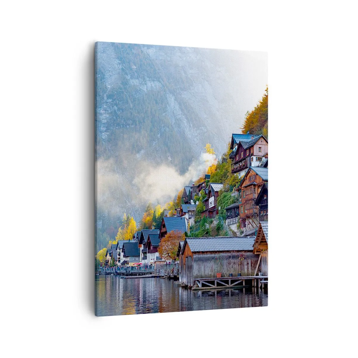 Bild auf Leinwand - Leinwandbild - Ein Bergdorf an einem See in herbstlicher Landschaft - 50x70cm - Alpenatmosphäre - Moderne Wanddekoration für Wohnzimmer und Schlafzimmer ARTTOR