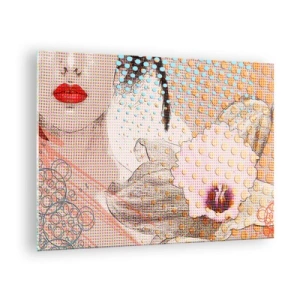 Glasbild - Bild auf glas - Illustration eines Frauenporträts mit einer Blume im Hintergrund im Pop-Art-Stil - 70x50cm - Comic-Heldin - Moderne Wanddekoration für Wohnzimmer und Schlafzimmer ARTTOR