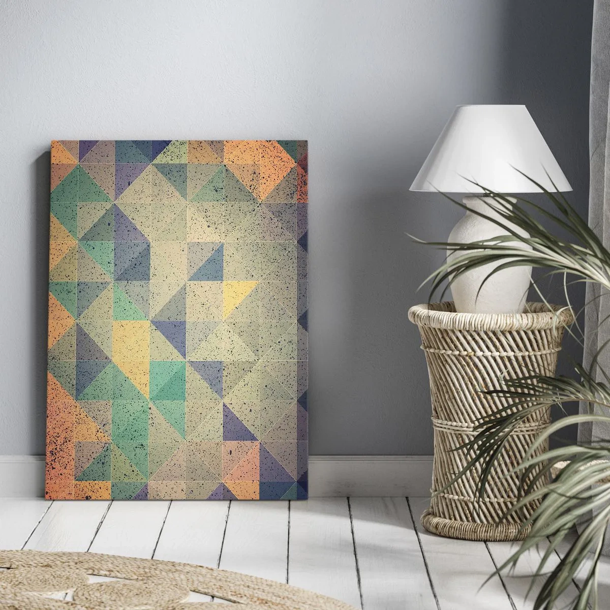 Bild auf Leinwand - Leinwandbild - Eine farbenfrohe Komposition aus geometrischen Dreiecken in Pastelltönen. - 50x70cm - Republik der Dreiecke - Moderne Wanddekoration für Wohnzimmer und Schlafzimmer ARTTOR