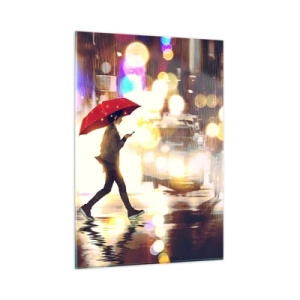 Glasbild - Bild auf glas - Eine Figur mit einem roten Regenschirm auf einer verregneten Straße in der Nacht - 50x70cm - Und doch sonnig - Moderne Wanddekoration für Wohnzimmer und Schlafzimmer ARTTOR