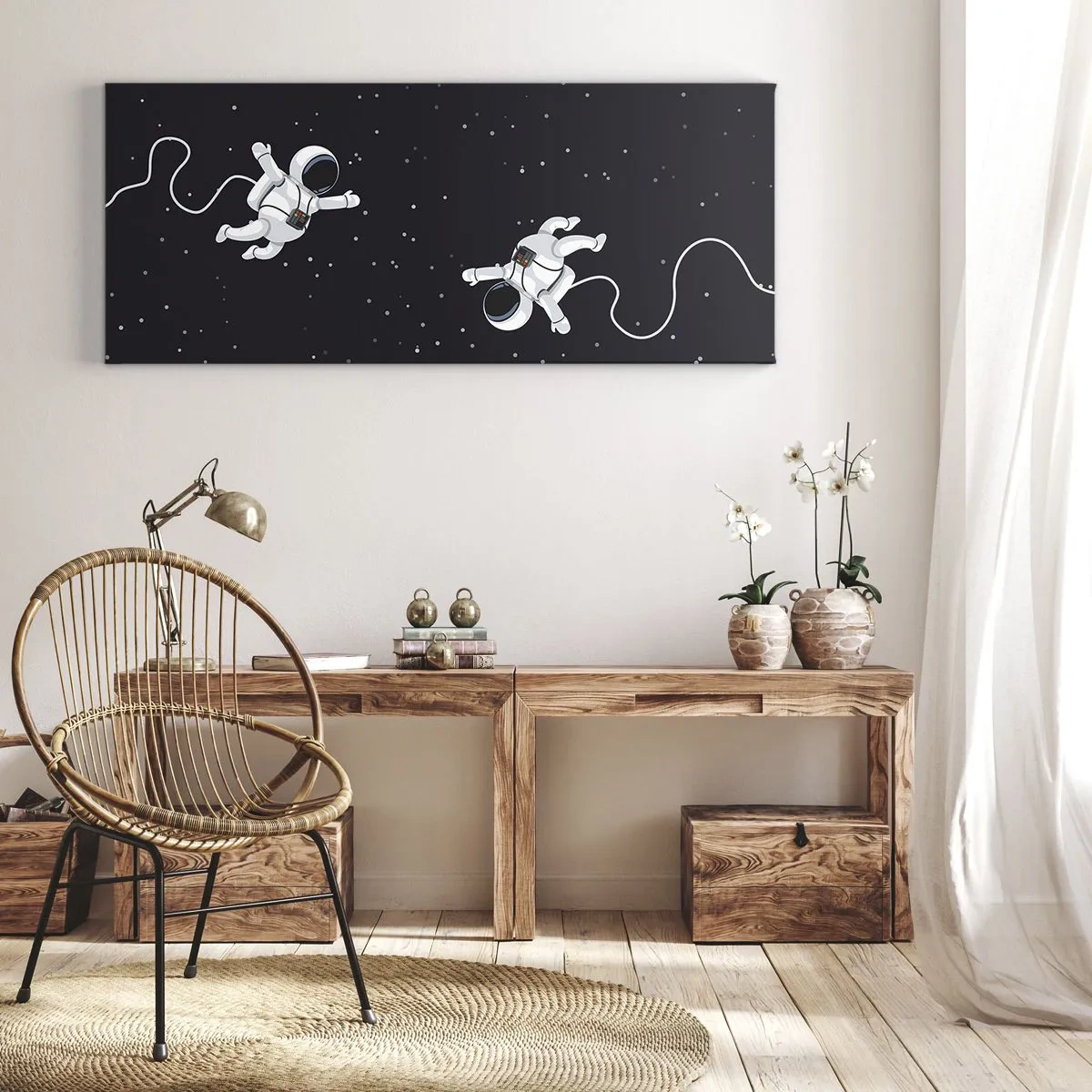 Bild auf Leinwand - Leinwandbild - Astronauten schweben im Weltraum vor dem Hintergrund der Sterne - 120x50cm - Kosmischer Tanz - Moderne Wanddekoration für Wohnzimmer und Schlafzimmer ARTTOR