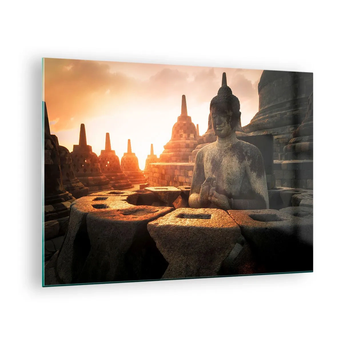 Glasbild - Bild auf glas - Eine von der untergehenden Sonne beleuchtete Buddha-Statue in einem alten Tempelkomplex - 70x50cm - Wetter der großen Weisheit - Moderne Wanddekoration für Wohnzimmer und Schlafzimmer ARTTOR