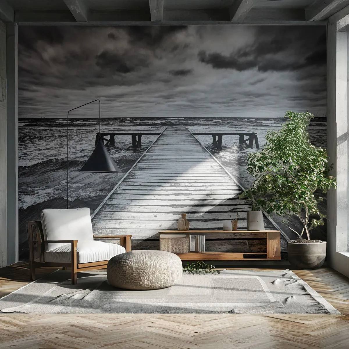 Fototapete Standard Eco - Holzsteg in Schwarz und Weiß - 100x70cm - Ich warte darauf, dass der Wind wegjagt... - Moderne Wanddekoration für Wohnzimmer und Schlafzimmer ARTTOR