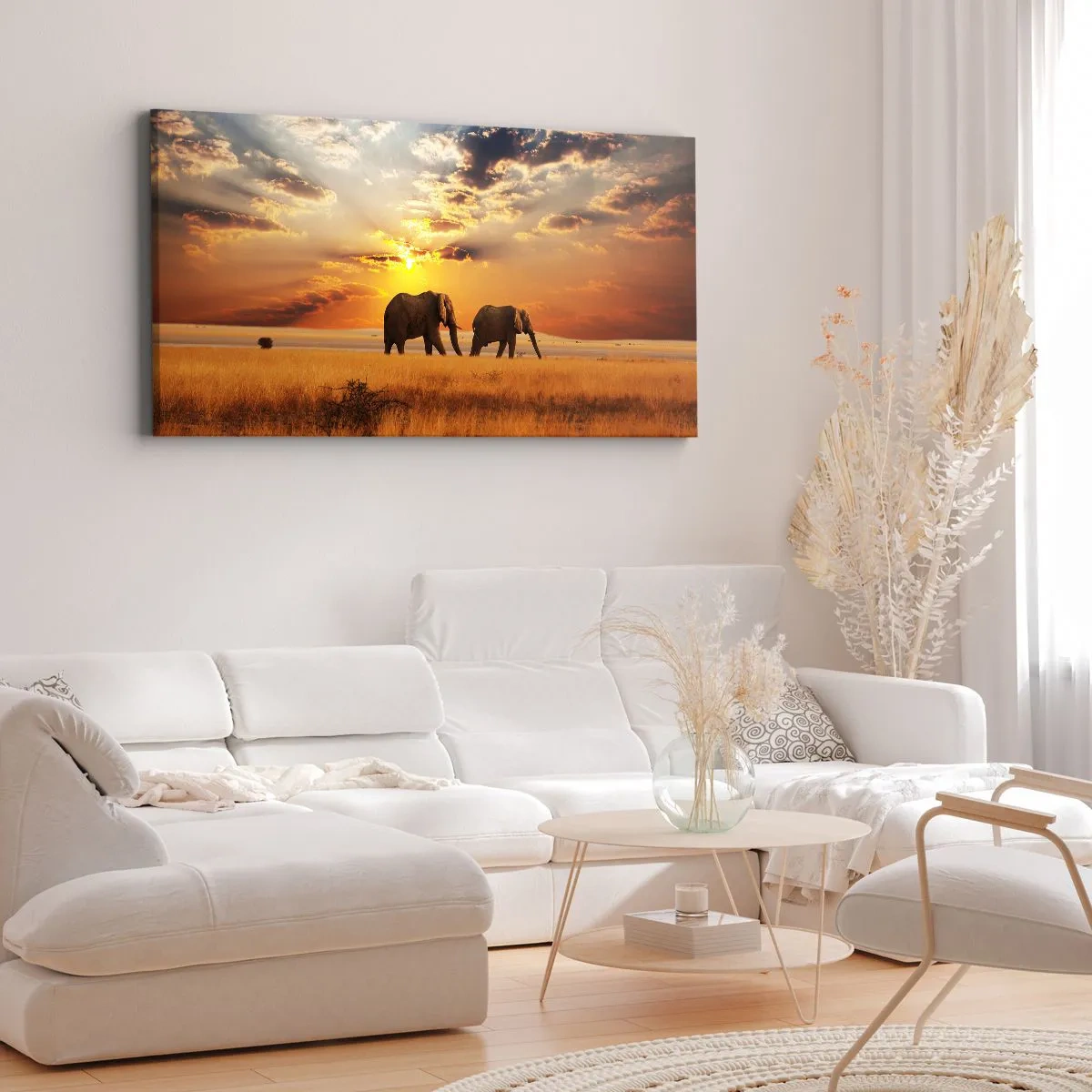 Bild auf Leinwand - Leinwandbild - Elefanten in der Savanne bei Sonnenuntergang - 160x50cm - Familienspaziergang - Moderne Wanddekoration für Wohnzimmer und Schlafzimmer ARTTOR