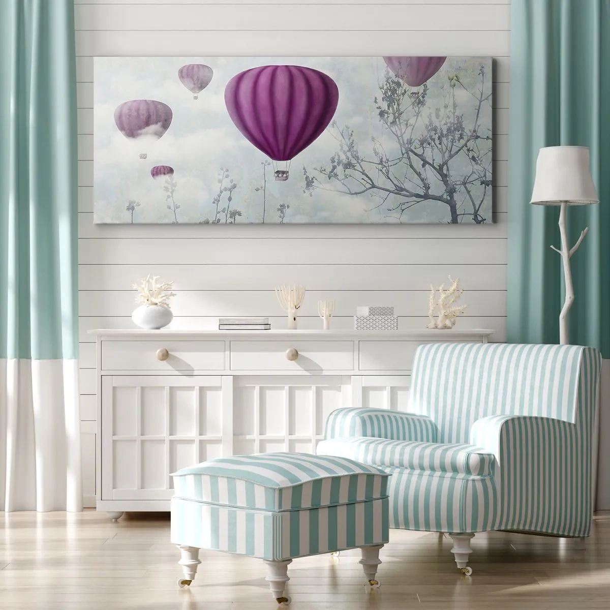 Bild auf Leinwand - Leinwandbild - Lila Ballons schweben über den Bäumen in den Wolken - 140x50cm - Wie Schiffe am Himmel - Moderne Wanddekoration für Wohnzimmer und Schlafzimmer ARTTOR