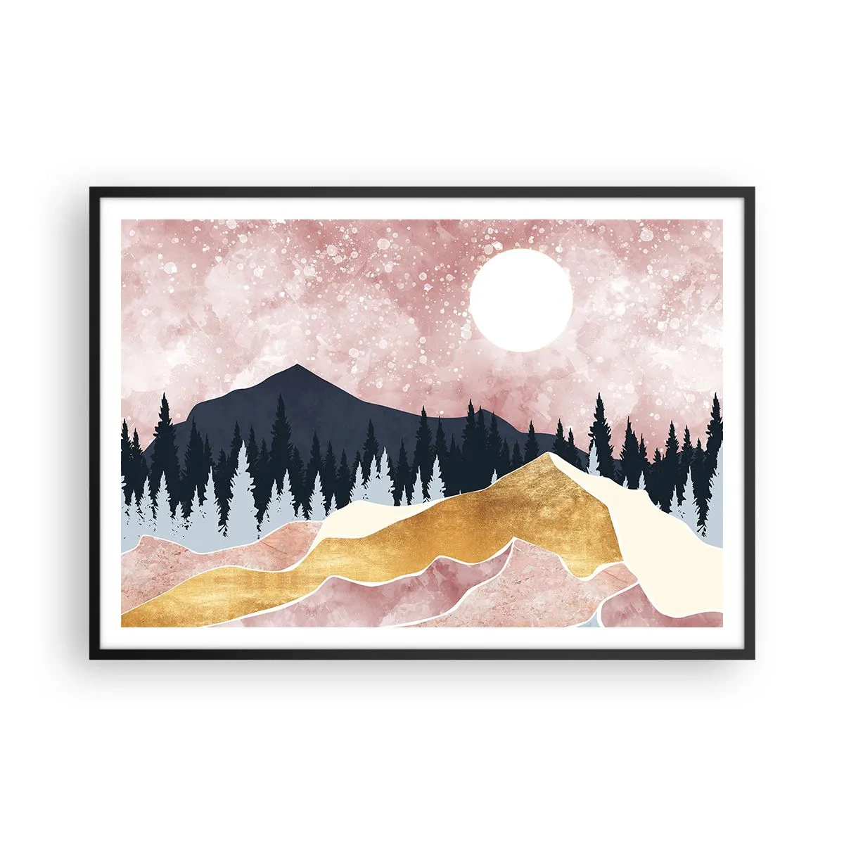 Poster in einem schwarzem Rahmen - Bunte Berge vor einem rosa Himmel mit einem Mond - 100x70cm - Nachtwache - Moderne Wanddekoration für Wohnzimmer und Schlafzimmer ARTTOR