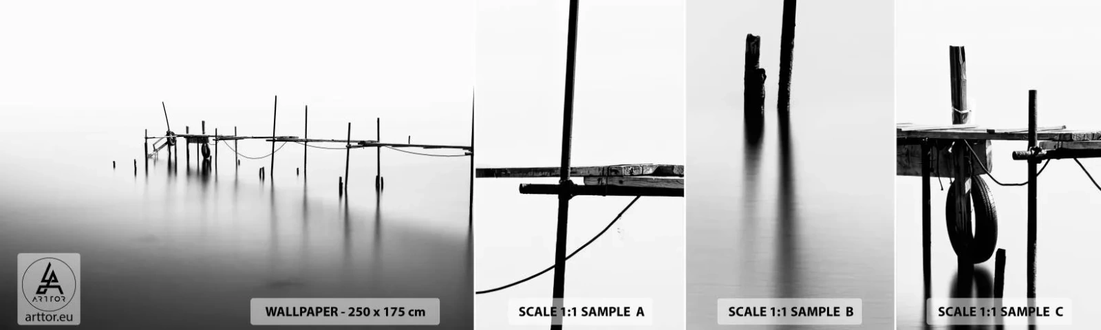 Fototapetenmuster Standard Eco - Was ist, wenn es keine Welt gibt? - Landschaft, Holzbrücke, Schwarz und weiß - 100x30 cm