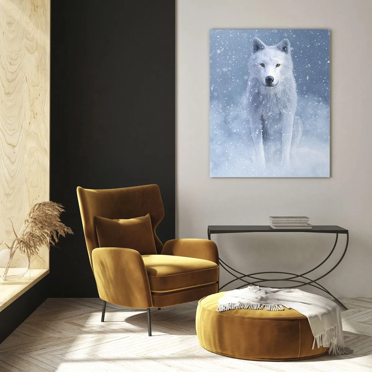 Glasbild - Bild auf glas - Weißer Wolf in einer verschneiten Landschaft - 70x100cm - In Winterstimmung - Moderne Wanddekoration für Wohnzimmer und Schlafzimmer ARTTOR