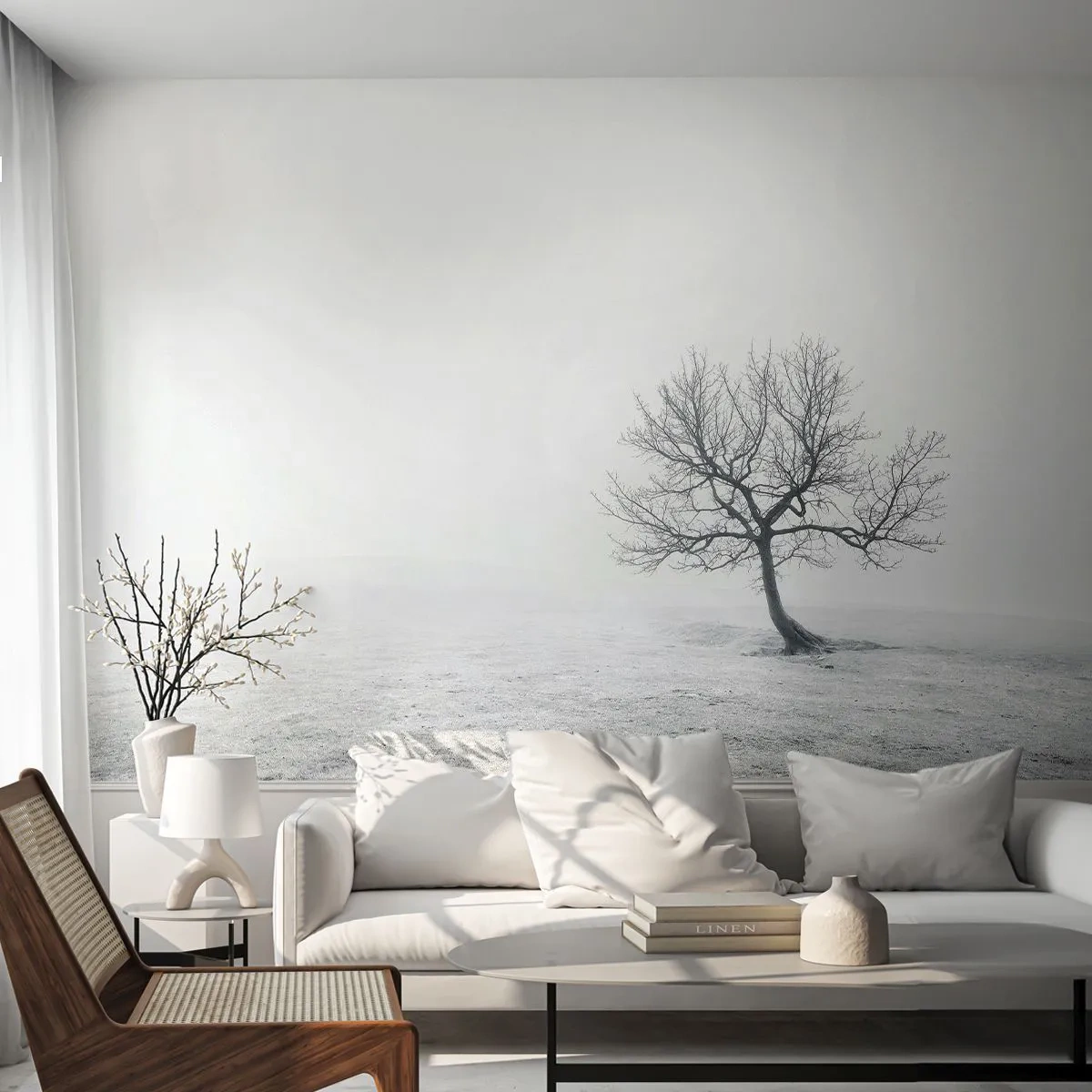 Fototapete Premium Sand - Ein einsamer Baum im Winternebel vor minimalistischem Hintergrund. - 100x70cm - Gegen das Nichts - Moderne Wanddekoration für Wohnzimmer und Schlafzimmer ARTTOR