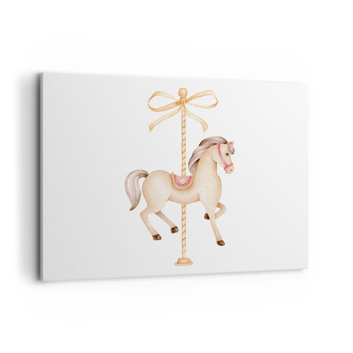 Bild auf Leinwand - Leinwandbild - Ein Karussellpferd mit Schleife in zarten Pastelltönen - 100x70cm - Anmutiger Trab - Moderne Wanddekoration für Wohnzimmer und Schlafzimmer ARTTOR
