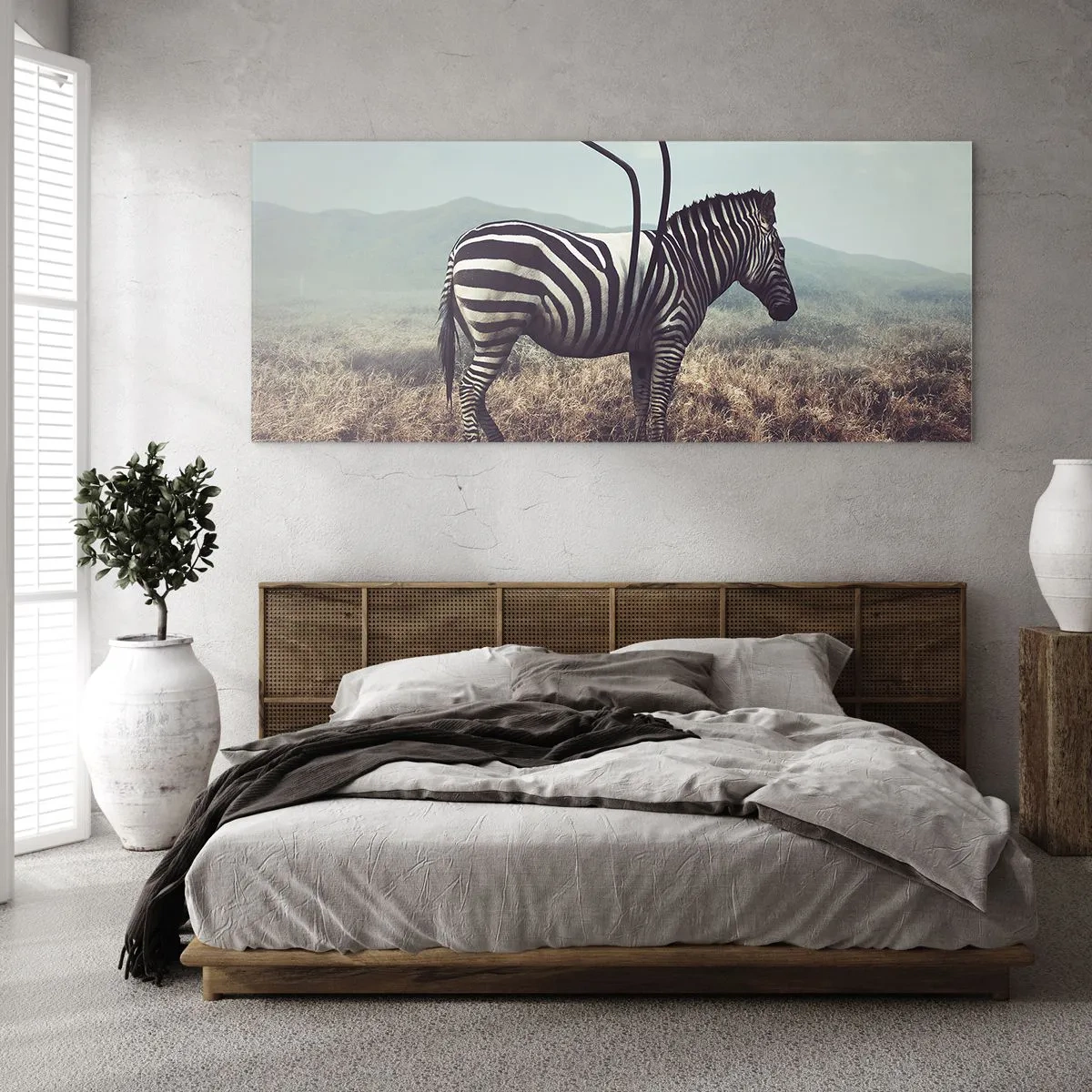 Glasbild - Bild auf glas - Ein surreales Zebra vor einer grasbewachsenen Landschaft - 160x50cm - Achtung! Fehler - Moderne Wanddekoration für Wohnzimmer und Schlafzimmer ARTTOR