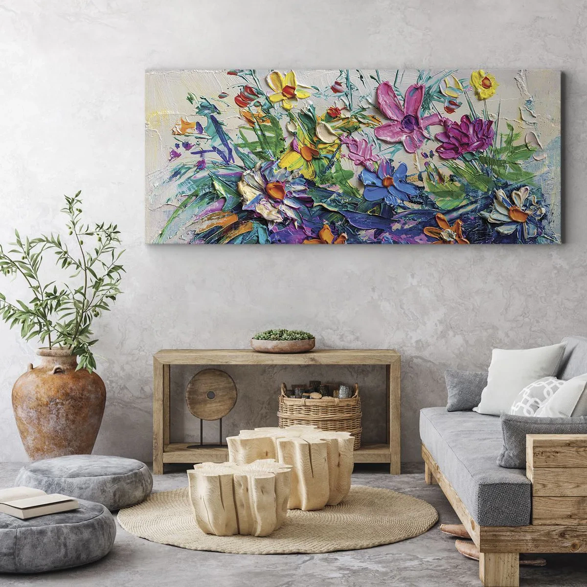 Bild auf Leinwand - Leinwandbild - Ein bunter Blumenstrauß, gemalt in der Impasto-Technik - 120x50cm - Überhaupt kein Stillleben - Moderne Wanddekoration für Wohnzimmer und Schlafzimmer ARTTOR